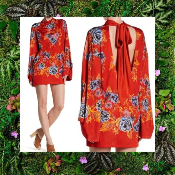 Free People Dress Floral Cocktail Party Oversized Loose Boho Red Mini SMALL Sexy - Picture 1 of 11